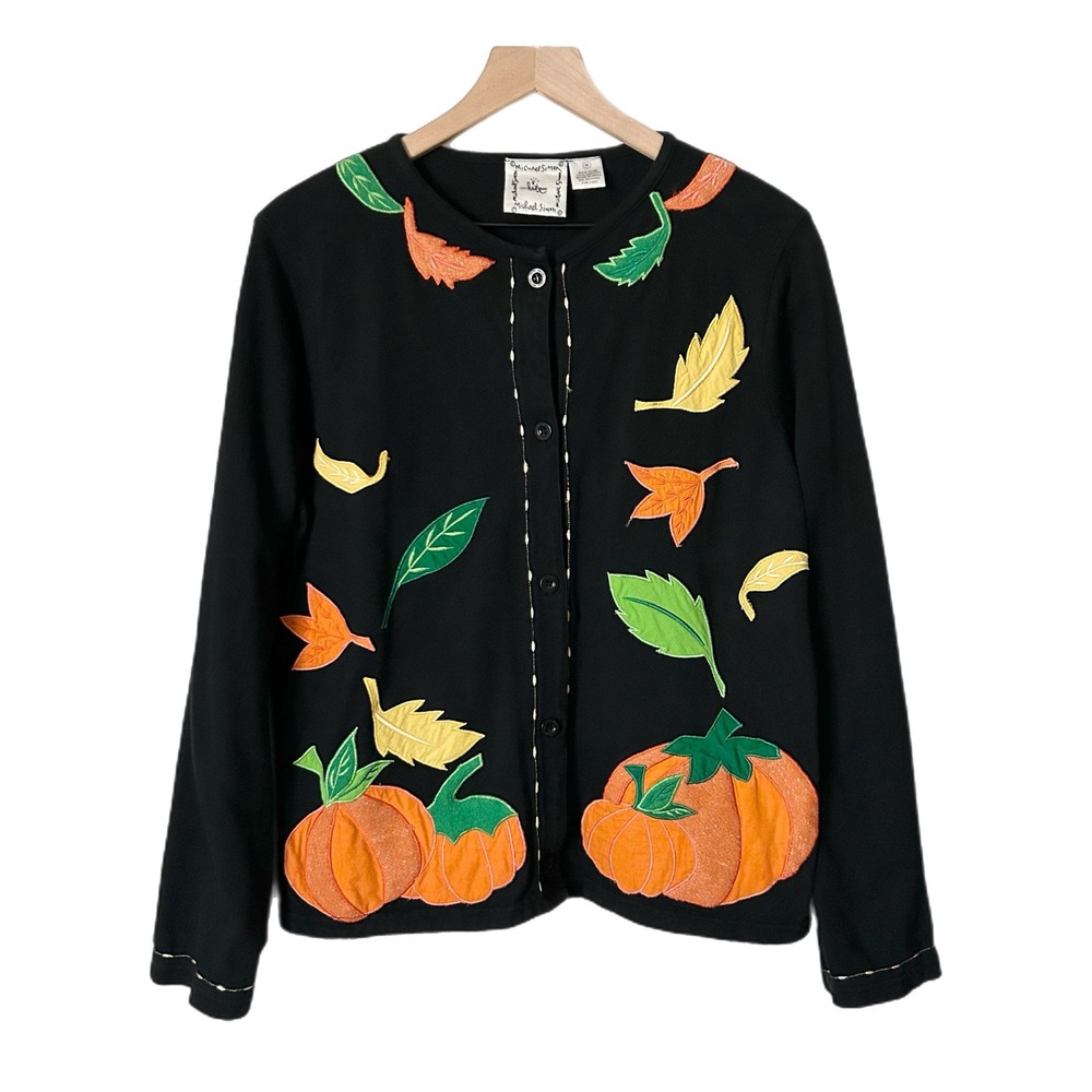 Michael Simon Lite Cardigan 100% Cotton Black Pumpkin Fall Leaf Applique Medium